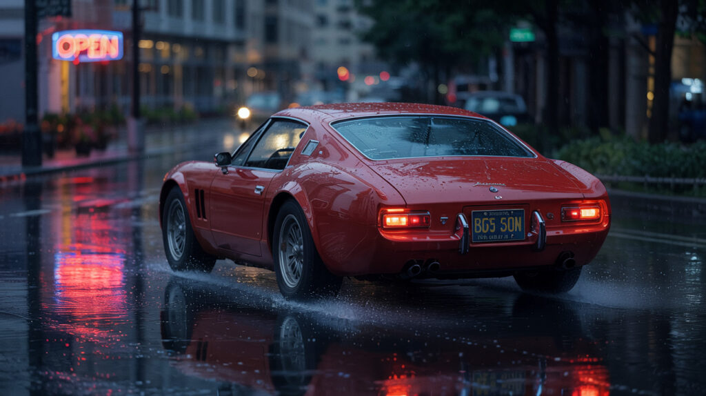 A car driving and braking on a wet road